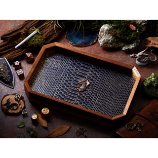 Dragon Shield Dice Tray | Dark Blue Gold Leather &amp; Metal Shield Copper | Octagon Dice Tray | Faux Leather | Dice tray