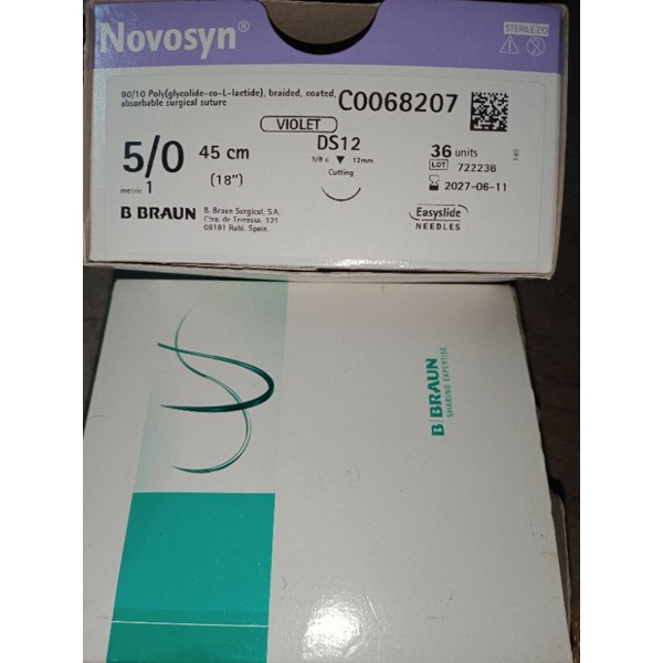 แบ่งขาย ไหมละลายขนาด5-0 ขนาดเข็ม 12  mm 👉เข็มติดไหมละลาย Novosyn(เกรดเดียวกับ Vicryl)1กล่อง มี 36 ชิ