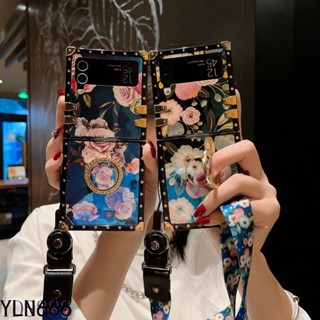 เคสโทรศัพท์มือถือ ทรงสี่เหลี่ยม ลายดอกไม้ ดอกโบตั๋น พร้อมสายคล้อง หรูหรา สําหรับ Samsung Galaxy Z Flip3 5G Z Flip4 5G