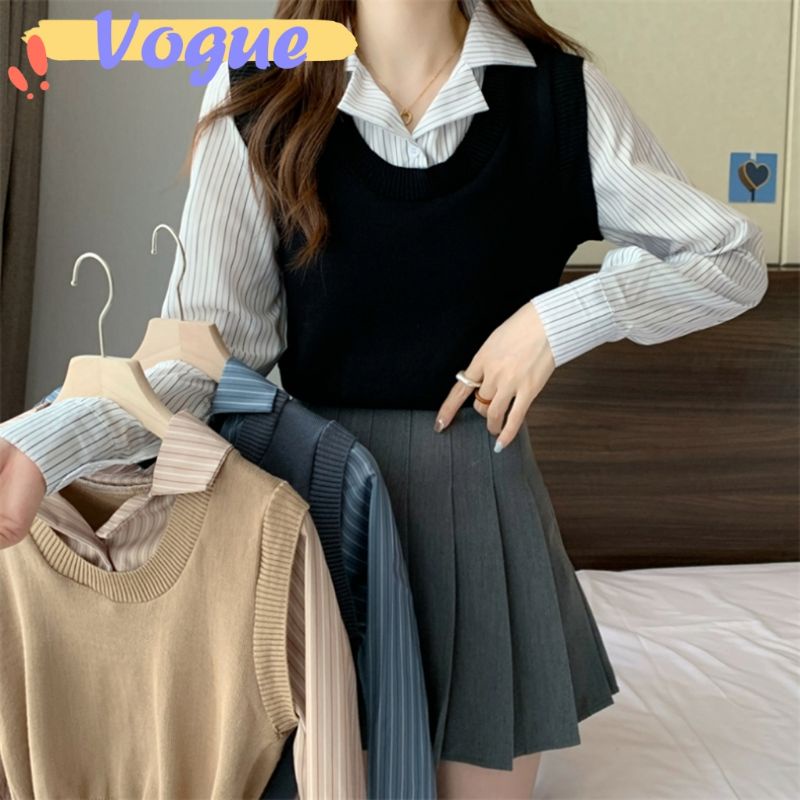 Vogue พร้อมส่ง เสื้อไหมพรม สไตล์นักเรียนเกาหลี เสื้อกั๊กติดเสื้อเชิ้ต น่ารักมาก (J153) -C