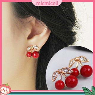 (micmicell) Women Red Cherry Clear Rhinestone Ear Studs Beads Golden Alloy Leaves Earrings