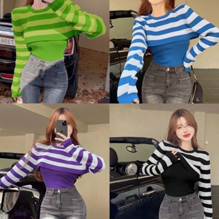 perbit_grace 91026 สไตล์เกาหลี เสื้อคาร์ดิแกนแขนยาว ทรงหลวม สไตล์ย้อนยุค ลายทาง