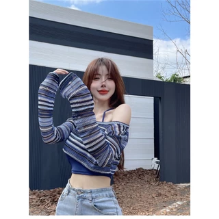 ส่งทันที Cici ❣🇹🇭🚚พร้อมส่ง❣(J256) Set 2ชิ้น สายเดี่ยวคล้องคอ+เสื้อคลุมแขนยาวลายทางจับแมทซ์ได้ง่ายๆไม่มีเอ้าท์
