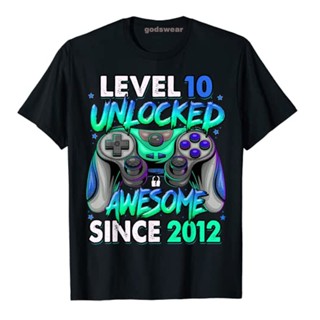 เสื้อเชิ้ต ระดับ 10 ปลดล็อคน่ากลัวตั้งแต่ 2012 วันเกิดครบรอบ 10 ปีเสื้อยืดชายแฟชั่นผู้ชายเสื้อผ้า Gamer Tee ท็อปส์ซูของข