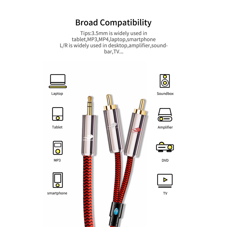 Golley LION อะแดปเตอร์แยกสายเคเบิ้ลเสียง 3.5 มม. เป็น 2RCA Y Aux สําหรับเครื่องเล่น MP3 เครื่องขยายเสียง