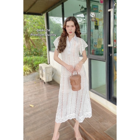 (4xl) เดรสยาว เดรสลูกไม้ เดรสลูกไม้คอปก แขนระบาย น่ารักมากๆ งานป้าย nt princess