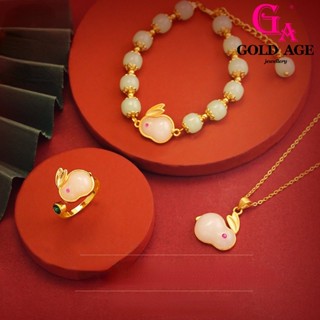 Ga พร้อมส่ง ชุดเครื่องประดับแฟชั่น สร้อยข้อมือ แหวนลูกปัดหยก สมจริง 24K จี้หยก รูปกระต่าย