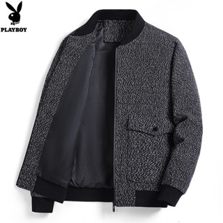 PLAYBOY Jacket Mens Tweed Jacket Baseball Collar Casual Tweed Coat