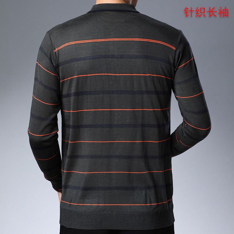 Spot high-quality] pocket striped POLO shirts for men in middle-aged autumn, dads wear long-sleeved t-shirts, men's lapels, Tee loose stripes, middle-aged and elderly thin sweaters, real pocket casual tops for boys. #4