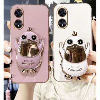 New Casing OPPO Reno8 T 4G 5G เคส Phone Case Cute Duck Holder Stand with Short Lanyard Protective Soft Case Back Cover เคสโทรศัพท