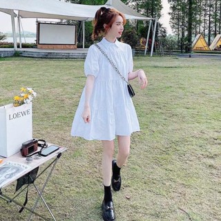 ชุดเดรสเสื้อเชิ้ต ฤดูร้อนรุ่นเกาหลีของชุดหลวม ฝรั่งเศสหวานพัฟเสื้อแขนเดรส