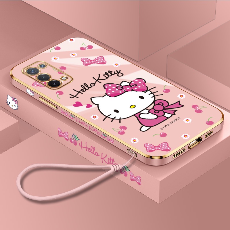 ปลอกoppo A53 A54 A33 A32 2020 A53S 5G A57 2022 A54S A55 4Gการ์ตูนน่ารักสีชมพูHello Kittyแมวหรูหราสแควร์ชุบซิลิโคนอ่อนนุ่มเคสโทรศัพท์พร้อมฝาครอบเชือกเส้นเล็ก