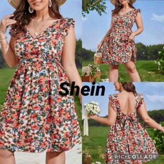 Shein เดรส พลัสไซซ์ ลายดอกไม้ แขนแต่งระบาย ทรงผูก เปลือยหลัง