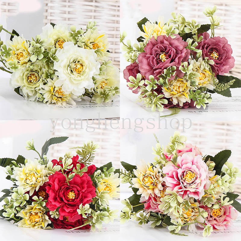 ช่อดอกคามิเลียประดิษฐ์ ดอกโบตั๋นปลอม ผ้าไหม DIY สําหรับตกแต่งบ้าน สวน งานแต่งงาน 1 ช่อ