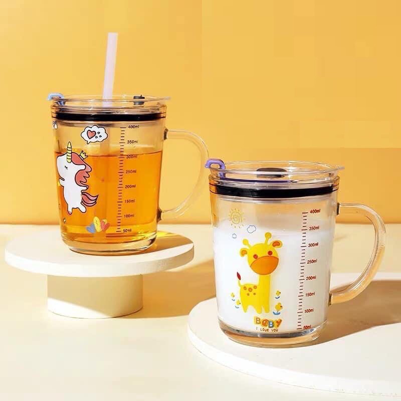 ใหม่ (ถ้วยนมแก้วพร้อม DIVISION และ STRAW) พร้อมหลอดดูดและฝากันหก iki