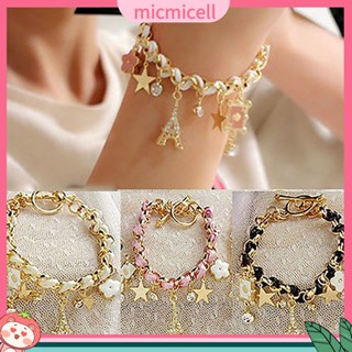 (micmicell) เครื่องประดับแฟชั่นสตรีสร้อยข้อมือหนังจี้หอไอเฟลดอกไม้โป๊กเกอร์