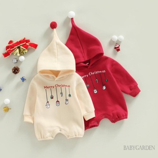 Babygarden-0-24months ชุดจั๊มสูทรอมเปอร์ แขนยาว มีฮู้ด พิมพ์ลายตัวอักษร คริสต์มาส สําหรับเด็กผู้ชาย และเด็กผู้หญิง