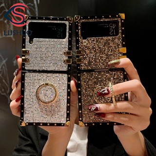 Lushuo เคสโทรศัพท์มือถือ ทรงสี่เหลี่ยม แต่งกลิตเตอร์ พร้อมแหวนขาตั้ง สําหรับ Samsung Galaxy Z Flip 3 5G and Z Flip 4 Z Flip3 ZFlip3 ZFlip 3 Z Flip4 ZFlip 4