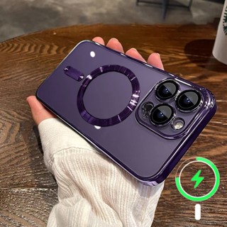 หรูหราชุบแม่เหล็กโปร่งใสสำหรับ iPhone 14 Plus 14 Pro Max 13 Pro Max case เคสซิลิโคนไร้สายชาร์จพร้อมเลนส์เมมเบรนกรณี