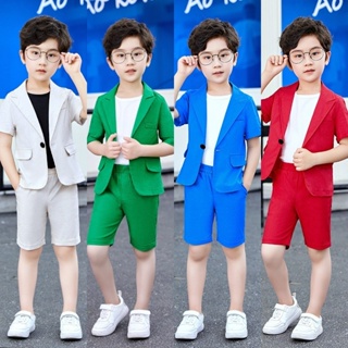 ชุดสูทเด็กผู้ชาย ชุดออกงานเด็ก - ครบเซ็ต 2 ชิ้น : เสื้อสูทแขนสั้น+กางเกงขาสั้น  สี: เทา/น้ำเงิน/แดง (ไม่มีเขียว)