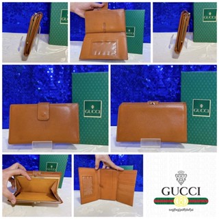 👝: GUCCI Brown Leather Trifold Long Wallet Vintage แท้💯%