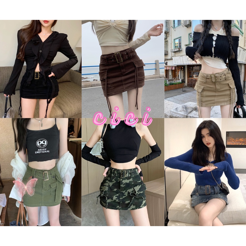 Cici พร้อมส่ง (9627)กระโปรงยีนส์เอวสูง แต่งกระเป๋าข้างมีสายผูกข้างมาพร้อมเข็มขัดสไตล์ Y2Kสุดๆ