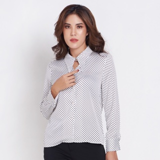 Lady Plus เสื้อเชิ๊ตลายจุด | Polka-dot Shirt เสื้อทำงานแขนยาว สีขาว