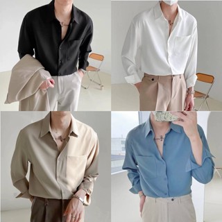 พร้อมส่ง! เสื้อเชิ้ตคอปก​ ผ้านุ่มพริ้ว​ โอเวอร์ไซส์​แขนยาว​ เสื้อเชิ้ตเกาหลี​ เสื้อเชิ้ตผู้ชาย​ เสื้อเชิ้ตทอม