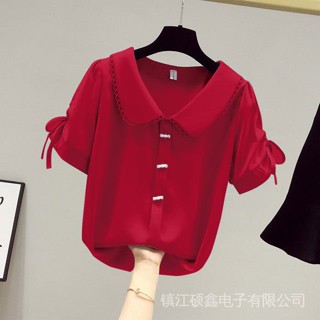 เสื้อเชิ้ตแขนสั้น แบบบาง แต่งกระดุม ประดับไข่มุก สีแดง สไตล์เกาหลี สําหรับผู้หญิง