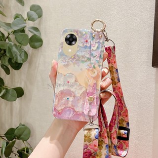 พร้อมส่ง ใหม่ เคสโทรศัพท์มือถือ ซิลิโคนนิ่ม ลายภาพวาดสีน้ํามัน รูปดอกซากุระ พร้อมสายคล้องข้อมือ สําหรับ Oppo A17k