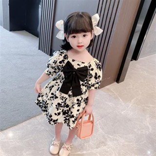 ชุดเดรส ลายดอกไม้ ประดับโบว์ ขนาดใหญ่ สีดํา แฟชั่นฤดูร้อน สําหรับเด็กผู้หญิง 2022