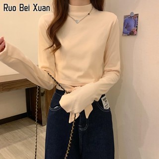 RUO BEI XUAN เสื้อยืดแขนยาวผู้หญิงใหม่ครึ่งคอเต่า Bottoming ออกแบบเสื้อขนาดเล็กเสื้อยืดทั้งหมด TOP Women