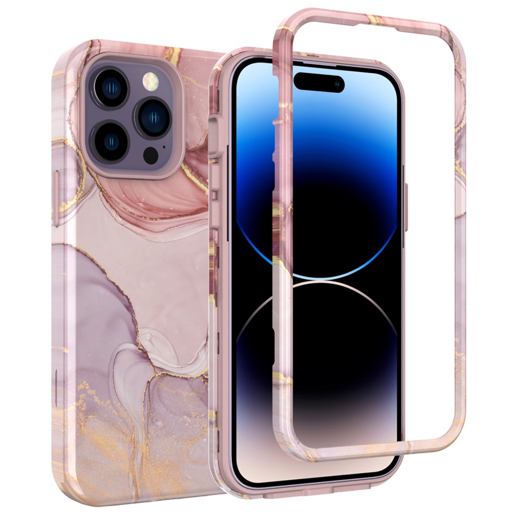 3 in 1 เคสโทรศัพท์มือถือแบบนิ่ม TPU กันกระแทก ลายหินอ่อน ดอกไม้ สําหรับ iPhone 15 14 13 12 Pro Max 14 15 Plus