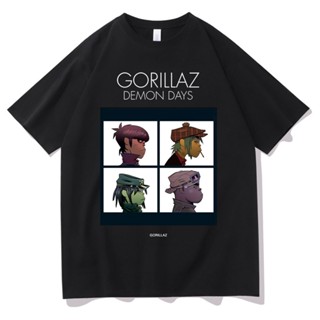 เสื้อยืด cotton นักร้อง Gorillaz Demon Days เพลงปกอัลบั้มพิมพ์ Tshirt ผู้ชายผู้หญิงแฟชั่นคลาสสิกวินเทจเสื้อยืดผู้ชายฮิปฮ