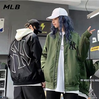 เสื้อแจ็กเก็ตเบสบอล คอปก ทรงหลวม ปักลายโลโก้ MLB NY ของแท้ สไตล์เรโทร สําหรับผู้ชาย และผู้หญิง