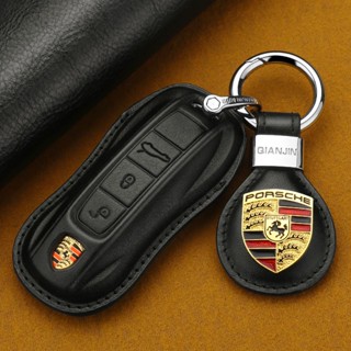 PORSCHE leather key case macan Cayenne Cayman taycan 718 Boxster 911 Panamera metal car logo key case