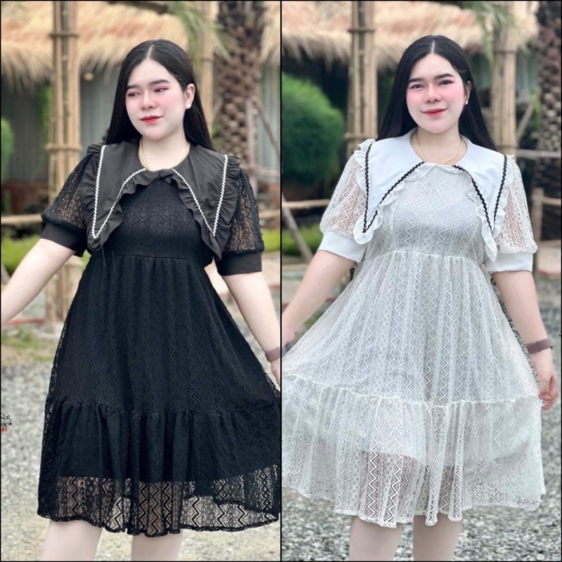 เดรสลูกไม้สาวอวบ อก38-50“ ผ้าลูกไม้ยืด มีซับใน ฮ190