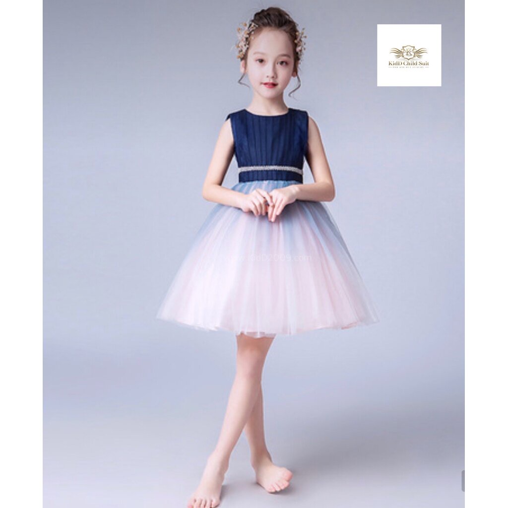 Blue Cocktail Dress Girl เซท 2 ชิ้น ชุดกระโปรง+ที่คาดผมมุก ใสง่าย ใส่สวย Party, Cocktail,Piano, Birthday เดรส ขนาด 11...