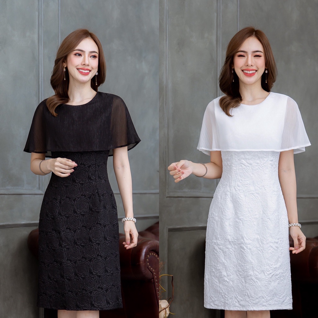 เดรส ALERT BRAND คลุมไหล่ ผ้าแจ็คกาดลายกุหลาบ สวยหรู ผ้าสวยมากมีเทคเจอร์สามมิติช่วงอกเป็นผ้าคลุมมีกลิตเติอร์วิ้งๆวับๆสวย