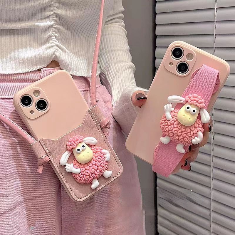 เคสโทรศัพท์มือถือ ซิลิโคนนิ่ม ลายแกะน่ารัก พร้อมสายสะพายไหล่ และสายคล้องคอ สําหรับ 6 7 8 SE 2020 7P 8P X XS XR XsMax 11 12 13 14 Pro 11 12 13 14 Pro Max