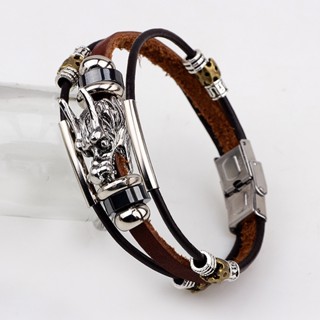 Vintage Punk Mens Fashion Stainless Steel Dragon Shaped Leather Bracelet Jewelry Accessories Gift Motorcycle