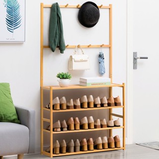 ชั้นวางรองเท้า ชั้นวางไม้ไผ่ ที่วางรองเท้ามีที่แขวนผ้า 4ชั้น ที่วางรองเท้า shoes shelf xliving