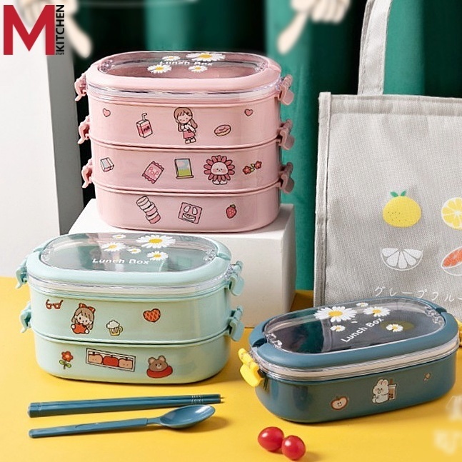 M KITCHEN กล่องอาหาร ปิ่นโต พลาสติก พร้อมช้อนส้อม สามารถนำเข้าไมโครเวฟ (A7)