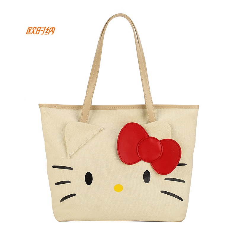 JUST STAR กระเป๋าผ้าใบความจุขนาดใหญ่ Hello Kitty Cat Tote Bag กระเป๋าโท้ทสะพายไหล่การ์ตูน