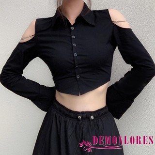 Demonlorest- เสื้อครอปท็อปแขนยาวลําลอง แต่งกระดุม สีพื้น สไตล์สตรีท สําหรับผู้หญิง