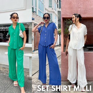 Thongyoy - Set Trouser Milli เซ็ตเชิ้ตแขนสั้นผ้าไฮทวิสย่น กางเกงเอวสม็อค ชุดเซ็ตแฟชั่นสีพื้น ใส่เที่ยว ลำลอง ฟรีไซส์