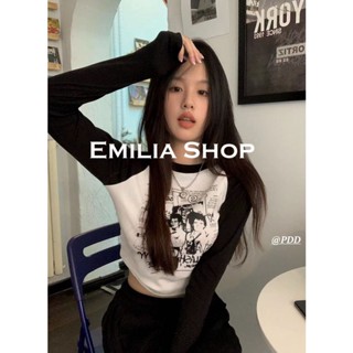 EMILIA SHOP เสื้อ เสื้อครอป เสื้อผ้าแฟชั่นผู้หญิง เสื้อแขนยาวไหมพรม 2022 ใหม่ S031082