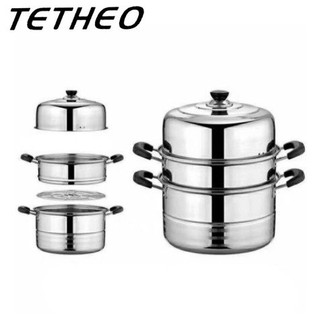 TETHEO Stainless steel steamer ซึ้งหม้อนึ่งอเนกประสงค์ ซึ้งสแตนเลสแบบฝาใส3ชั้น 28CM หม้อนึ่ง หม้อสุกี้ หรือหม้อสุกี้3in1