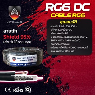 Apollo COAXIAL CABLE RG6 DC สายถัก Shield 95% สำหรับภายนอก ยาว 100 เมตร รุ่น RG6/168N + Power Line BY N.T Computer