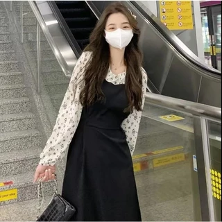 เดรสยาว แขนยาว ลายดอกไม้ สไตล์เกาหลี น่ารักมาก สําหรับผู้หญิง